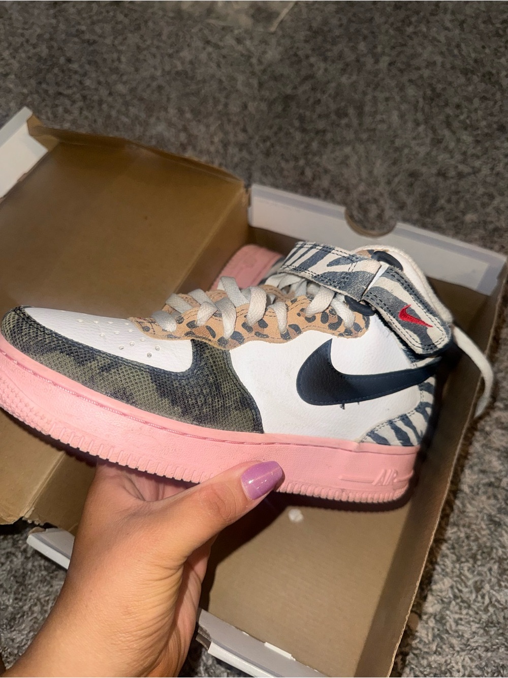 Nike High-Top Sneakers in White, Pink & Black with Animal Print Accents